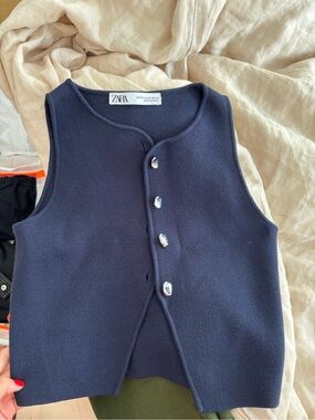 Zara Navy Blue Sleeveless Button Front Knit Vest